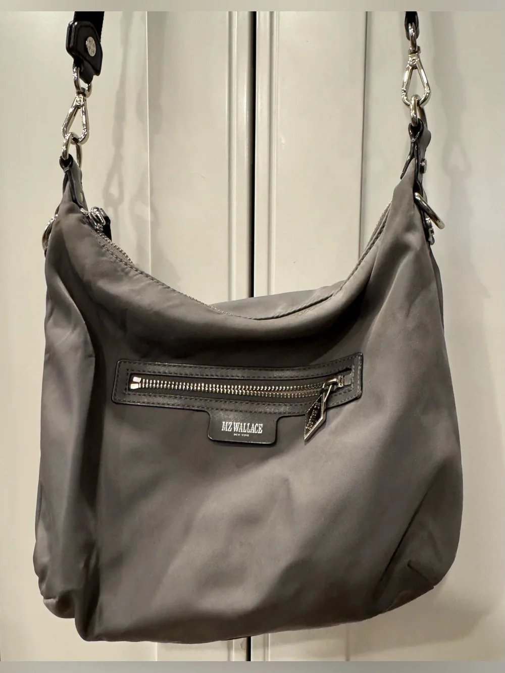 MZ Wallace Gray Nylon Hobo Shoulder Bag Silver Hardware Lightweight Purse